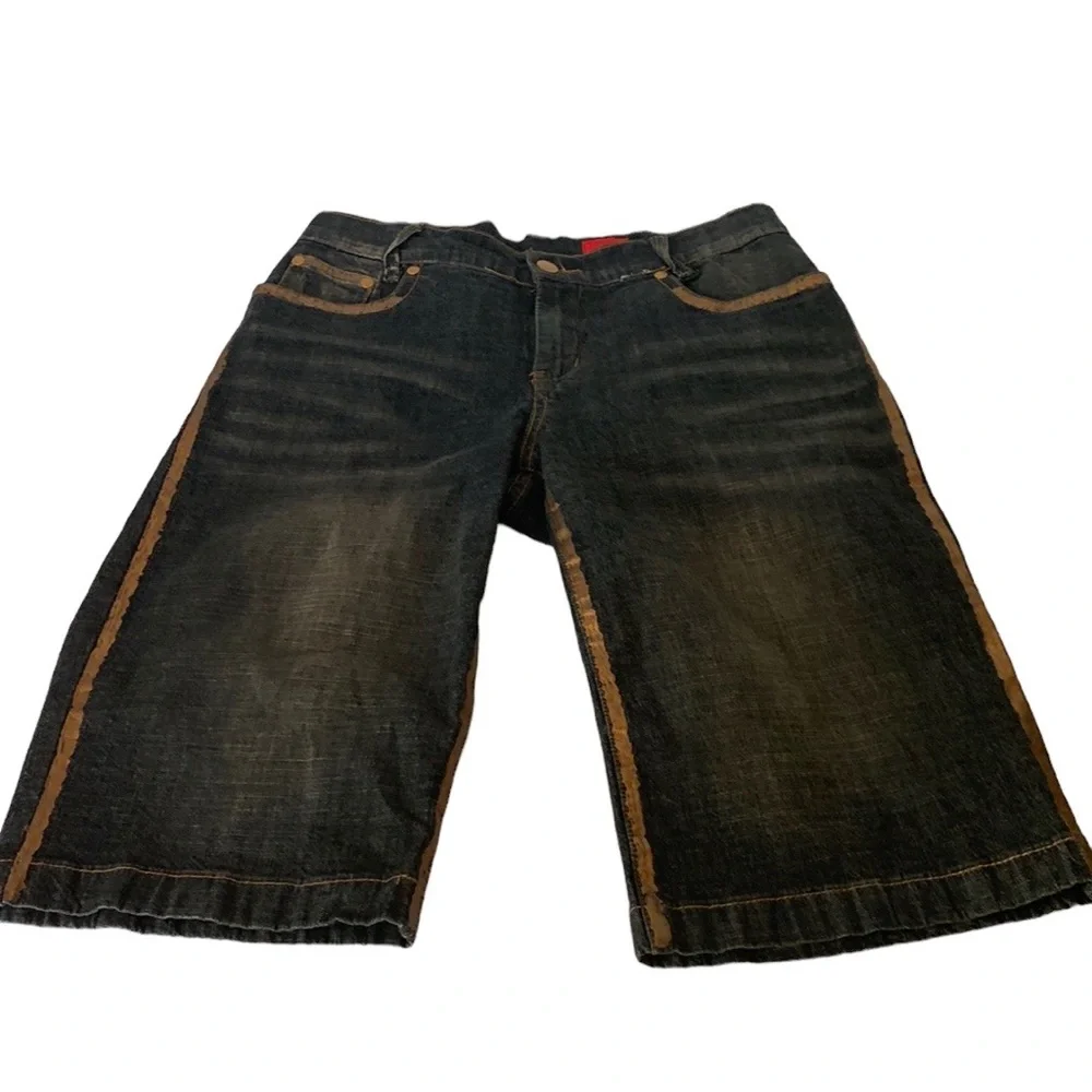 V Cristina Denim Bermuda Shorts w/ golden color trim & back pocket accent trim